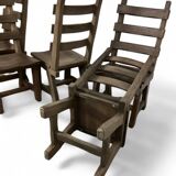 6 x Brutalist oak dining chairs / Belgium 1970s