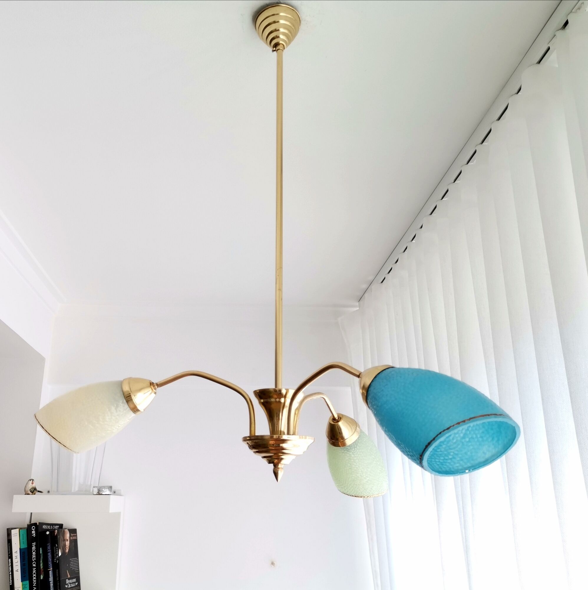 Vintage 1940s gold metal and glass 3 arm Sputnik chandelier