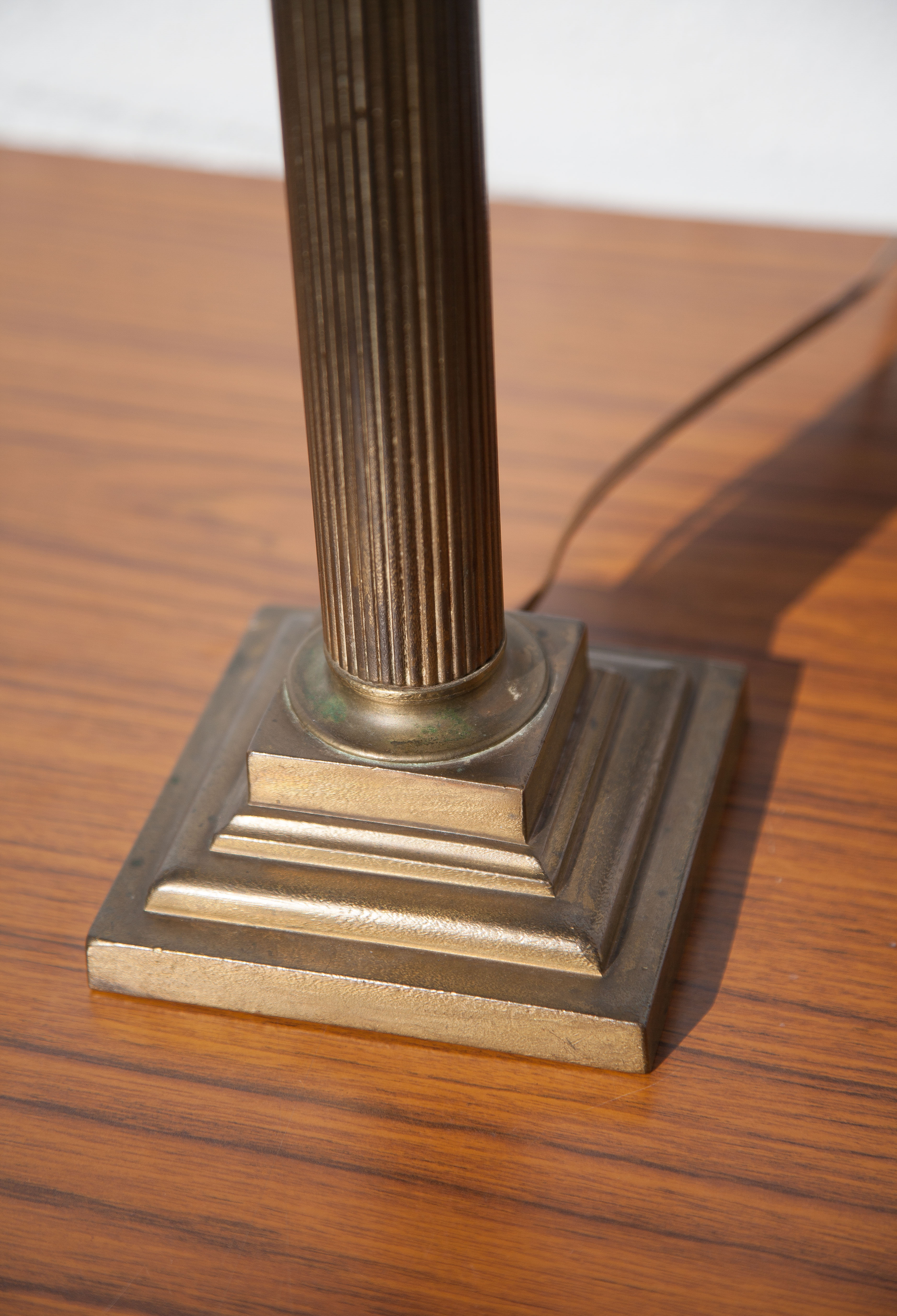 Brass lamp with vintage blue laminated lampshade