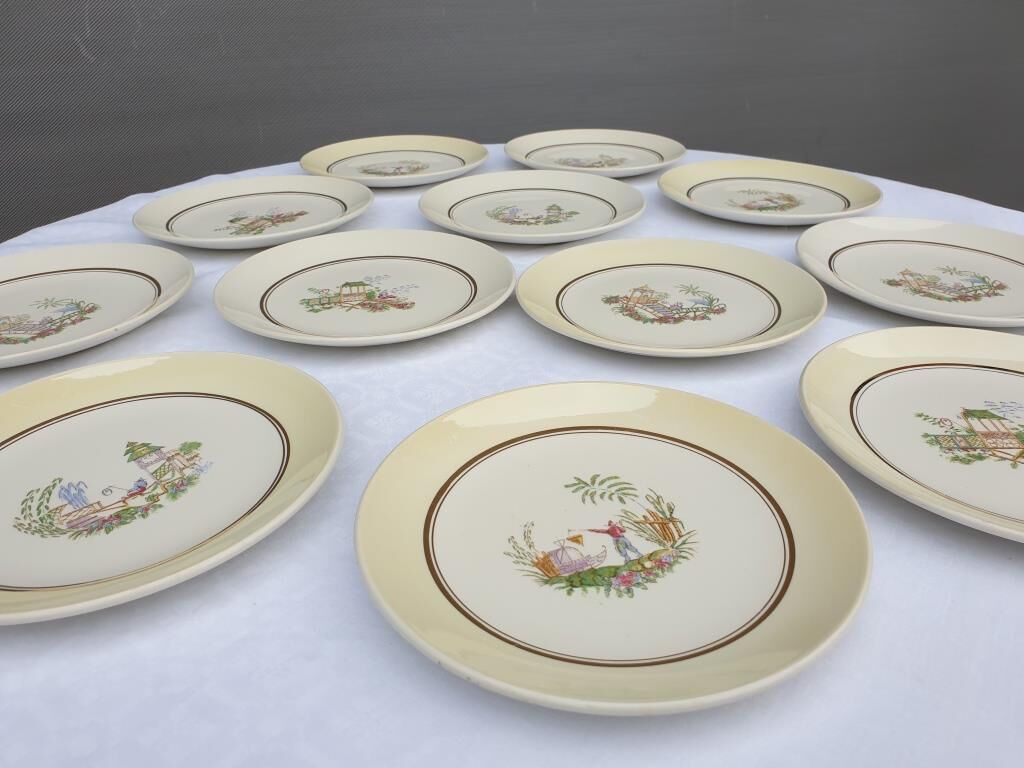 Set 12 plates Gien 1960 Japanese gardens variations in minor yellow