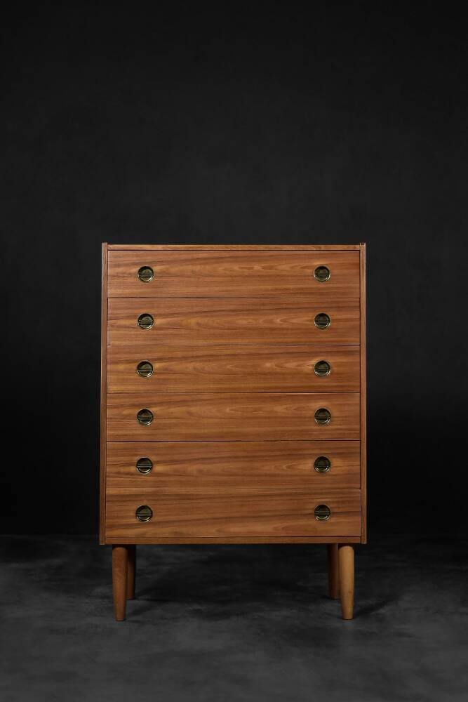 Mid-century modern Danish high chest of drawers in teak with brass handles, 1960s
