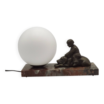 French Art Deco Table Lamp Vintage Dog & Child Figure Opaline Glass Shade