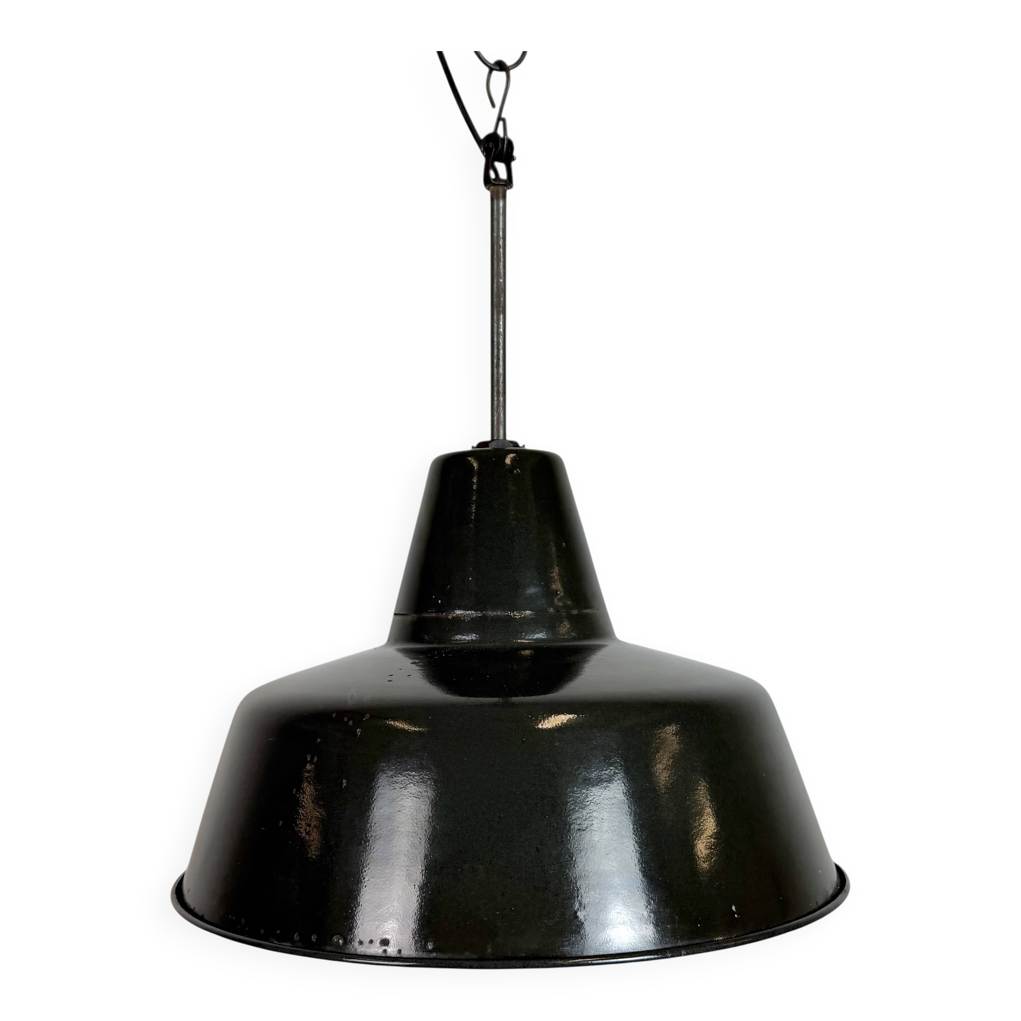 Industrial Black Enamel Factory Lamp with Iron Top, 1950s