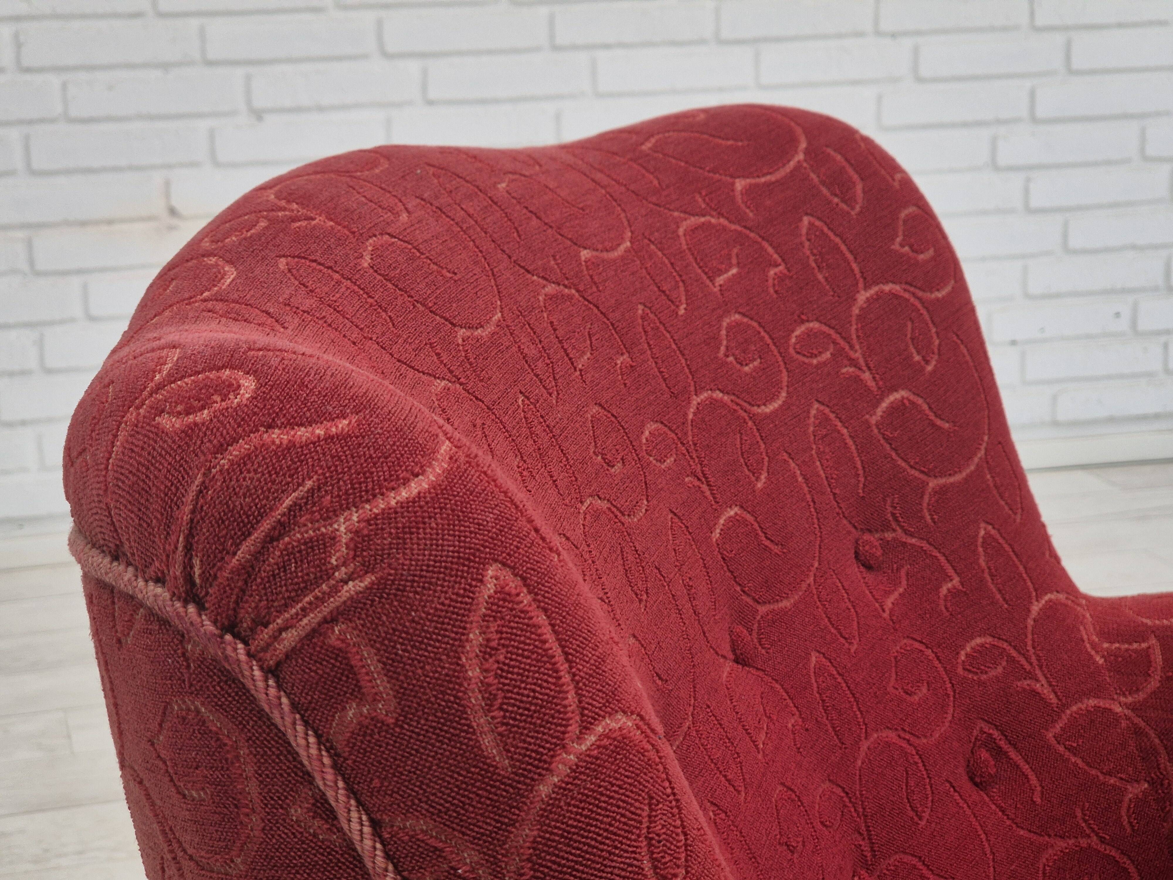 Années 1960, fauteuil relax danois, état d'origine, coton/laine rouge.