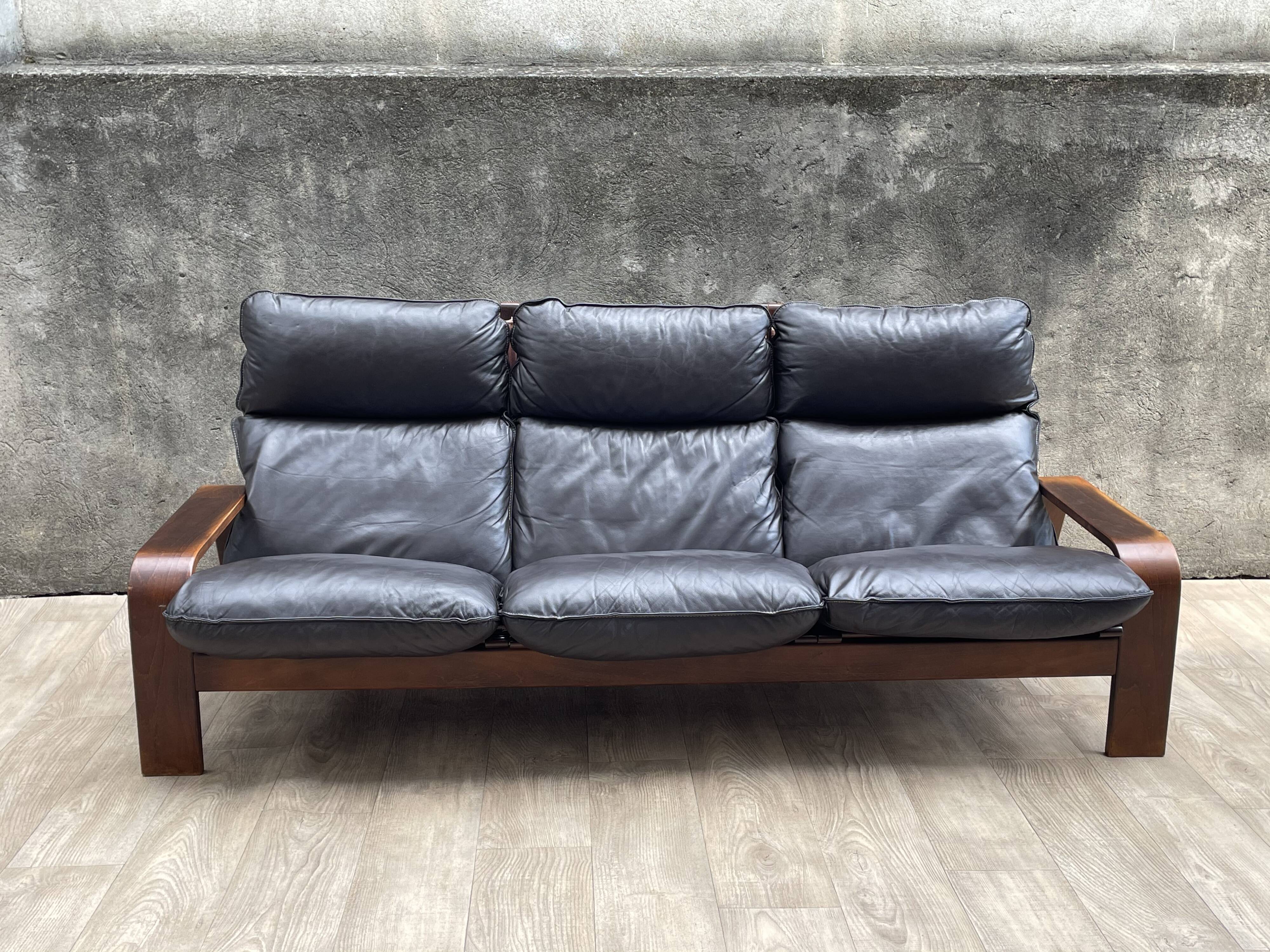Scandinavian wooden and leather sofa, 1970s