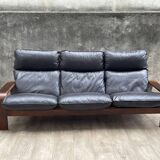 Scandinavian wooden and leather sofa, 1970s