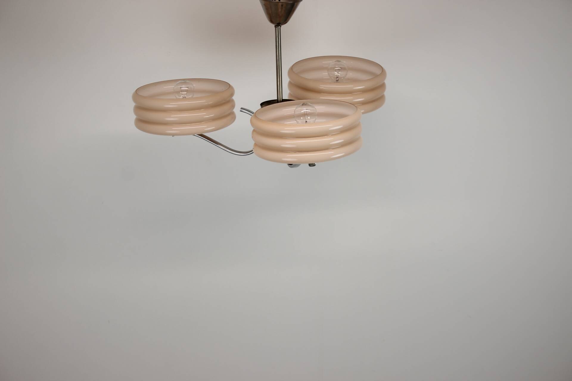 Art Deco Chrome and Pink Glass Chandelier, 1930's, Czechoslovakia