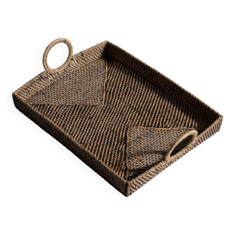 Rectangular Asian handmade basket with circular handle L:45 l:35