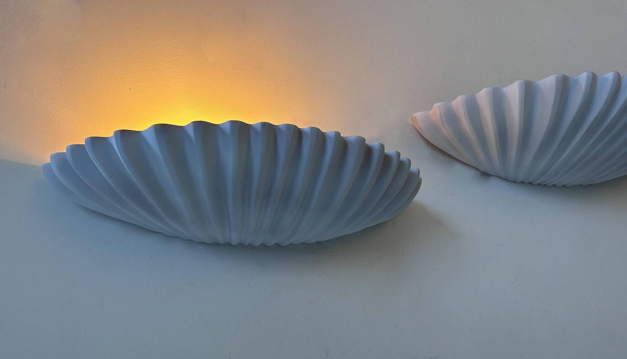 Pair of vintage shell wall lights, matte white, France 1970