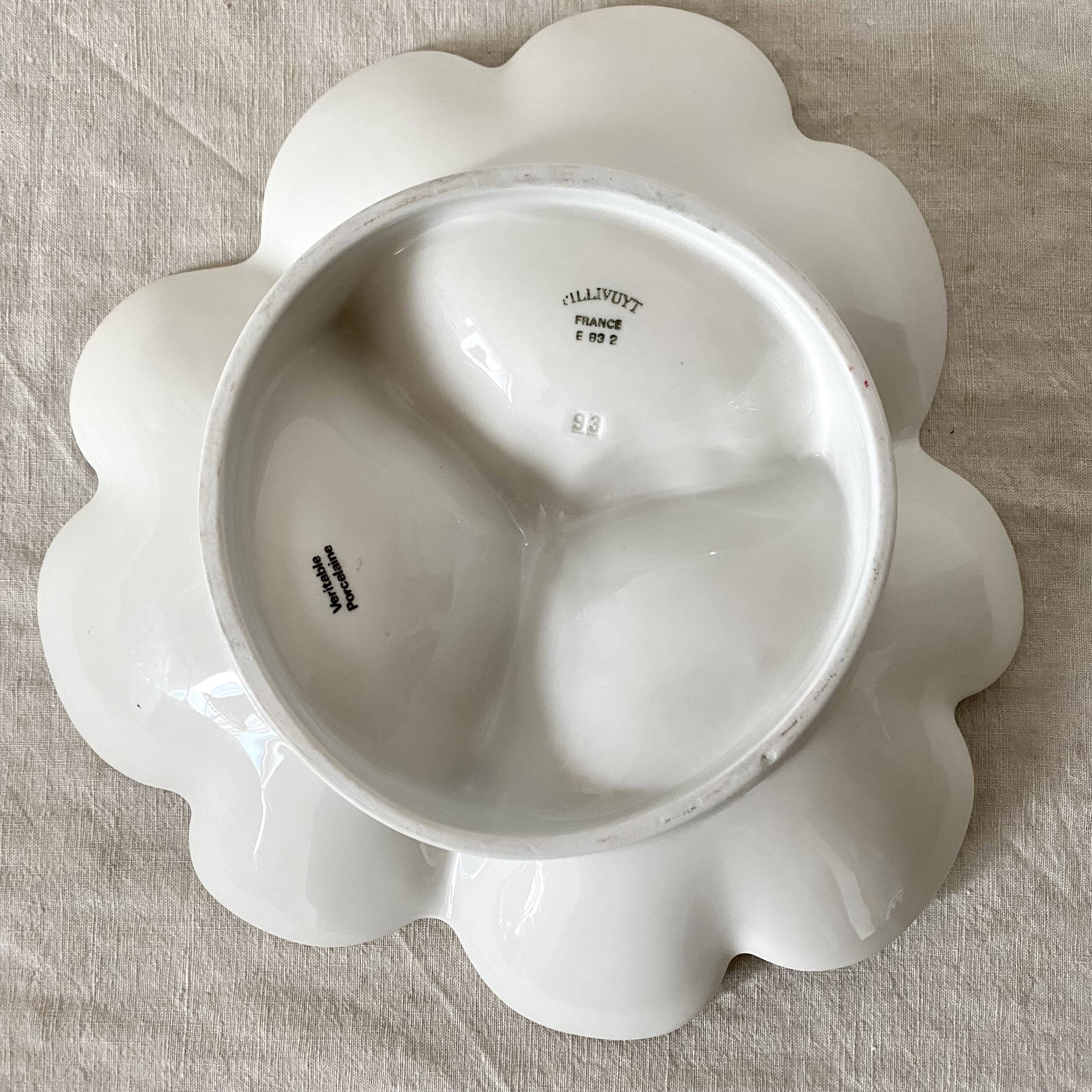 Pillivuyt porcelain 3-compartment dish, blue flowers