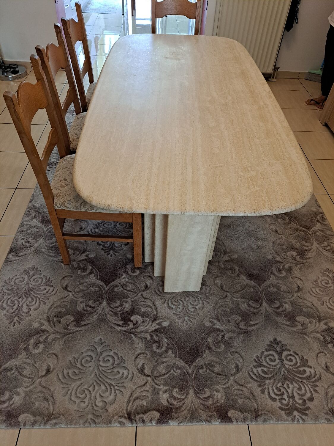 Travertine dining table.