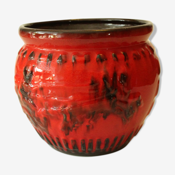 Ceramic planter in red and black with relief, marked, vintage from the 1970s