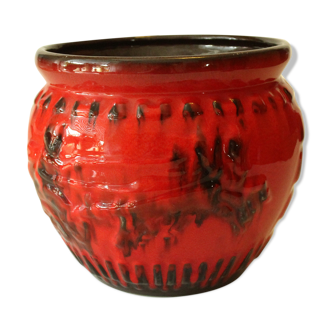 Ceramic planter in red and black with relief, marked, vintage from the 1970s