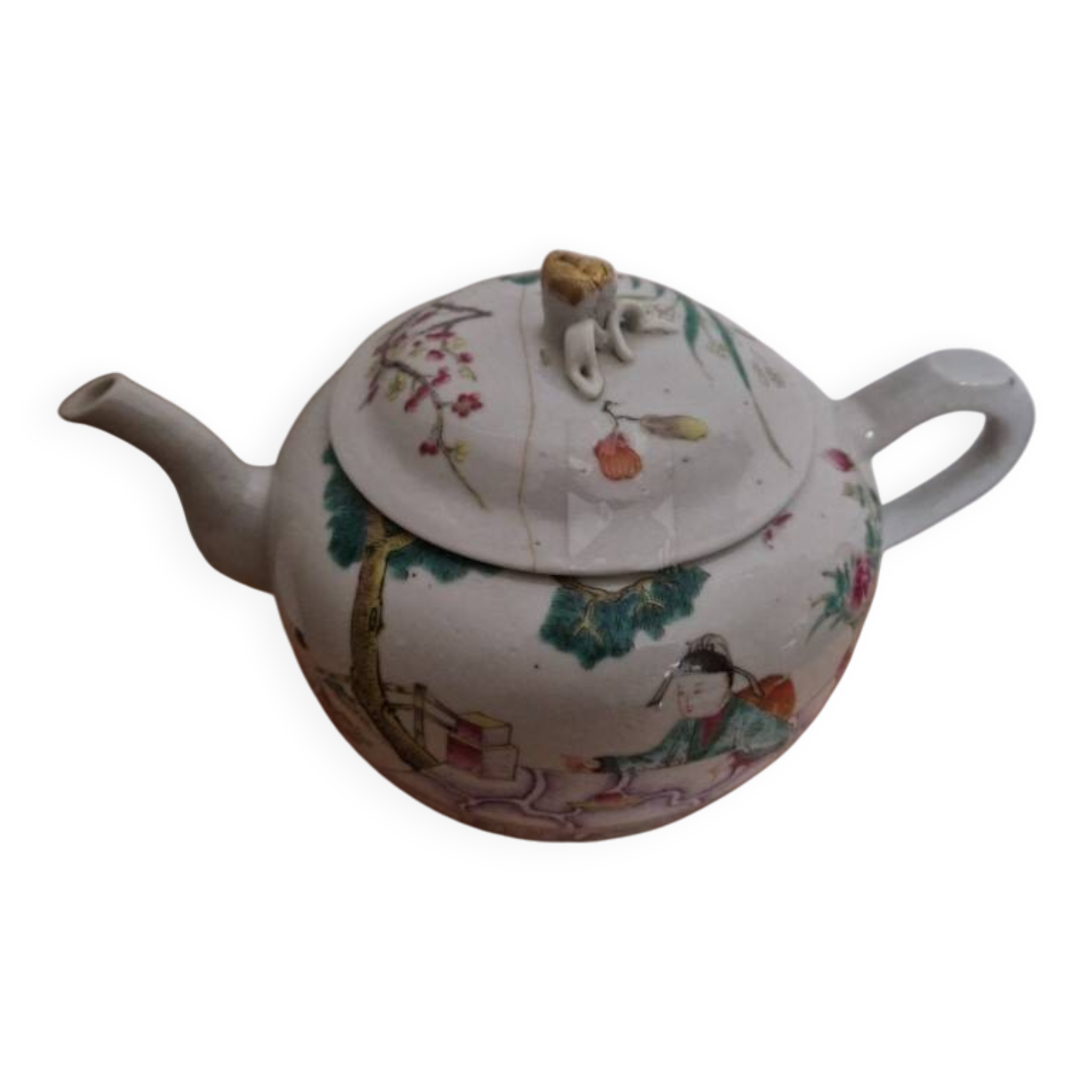 Antique Chinese enameled porcelain teapot with famille rose decoration