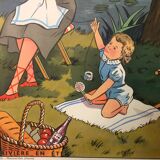 Displays school vintage harvest and the river in summer