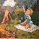 Affiche d’école vintage la moisson et la rivière en été