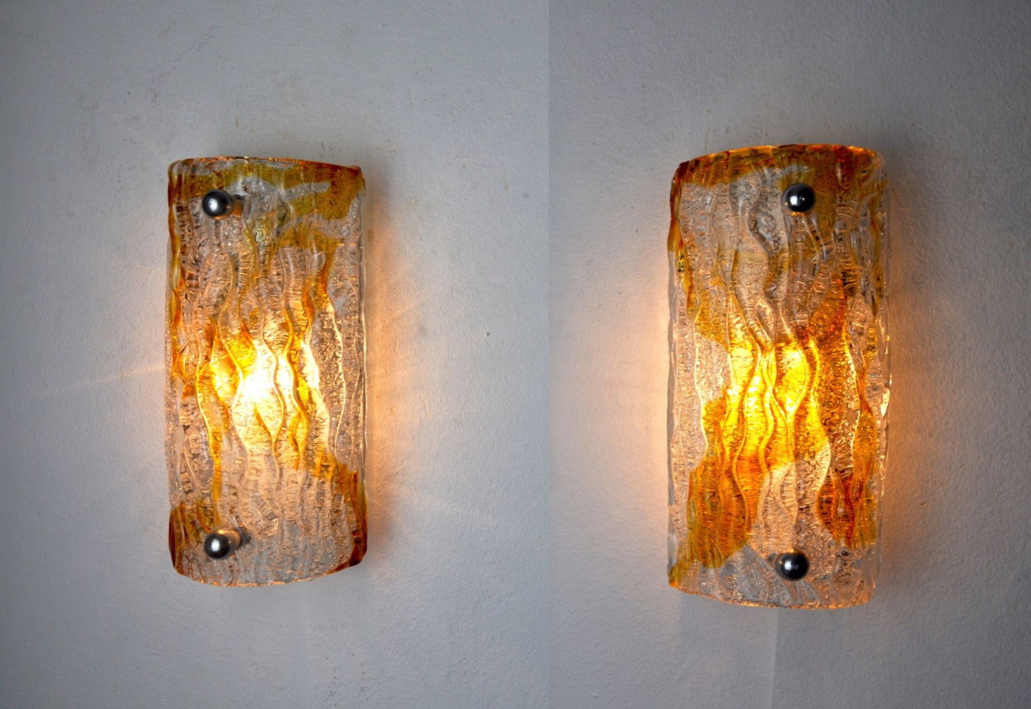 Pair of Murano Mazzega wall lamps, orange frosted glass, Italy, 1960