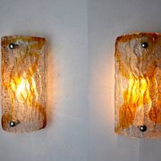 Pair of Murano Mazzega wall lamps, orange frosted glass, Italy, 1960