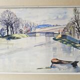 Watercolor on cardboard frame, canal view, signed Jean. Signature to be identified.