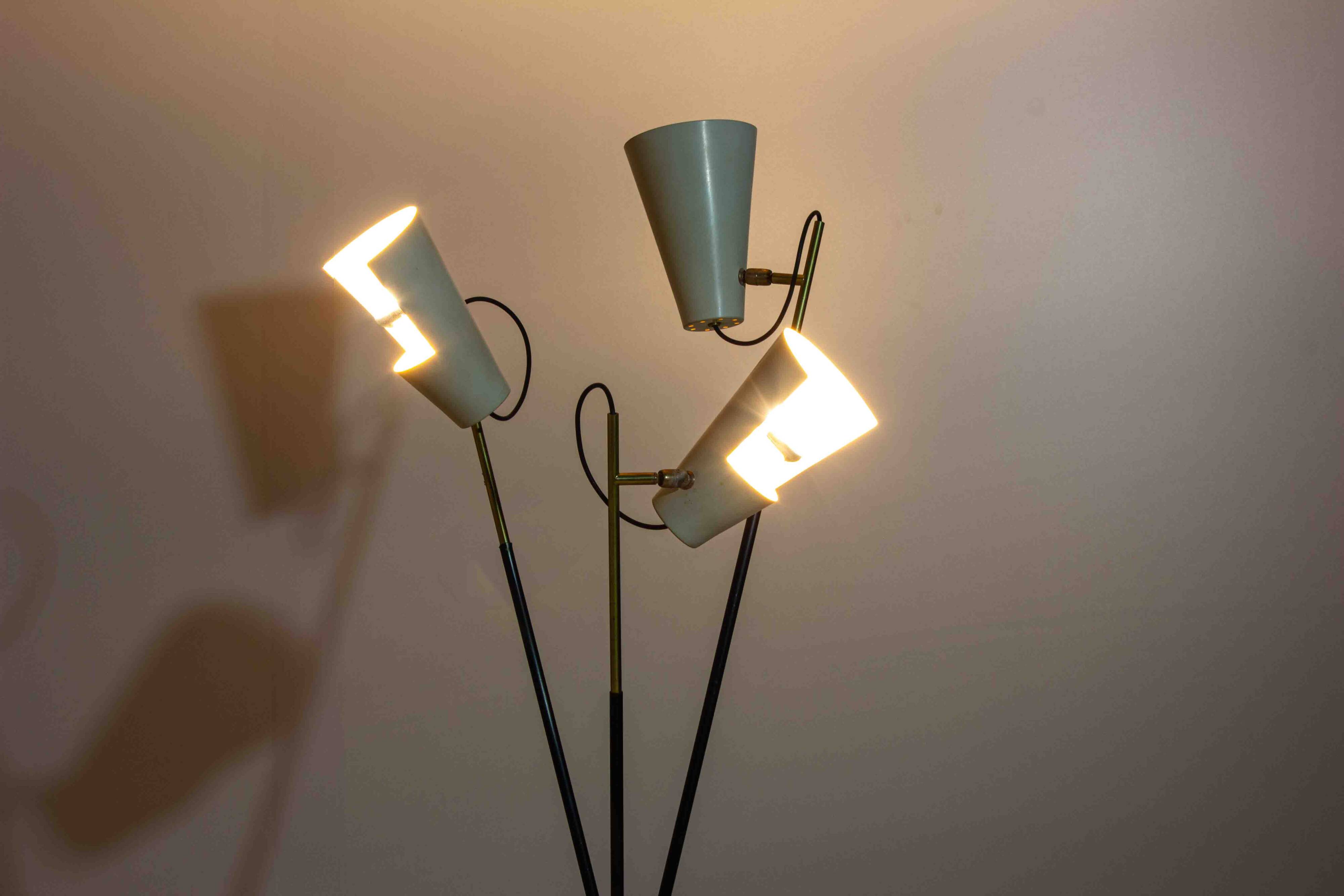 Unique tripod floor lamp by Stilnovo with white shades, Italy 1960s