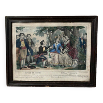 Gravure du XIXe rehaussée en couleurs Estelle et Némorin cadre baguette