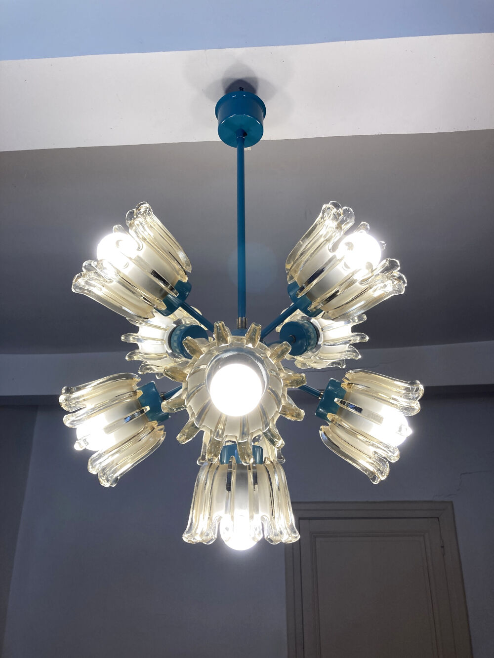 Turquoise glass and metal chandelier with 9 lights, Leclaire & Schäfer, 1960