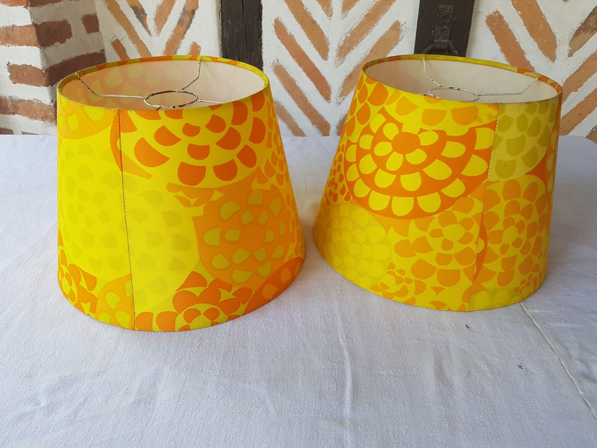 Pair of vintage yellow orange lampshade for suspension 1970