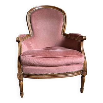 Small Louis XVI armchair in old rose velvet, removable seat – Chic and comfortable