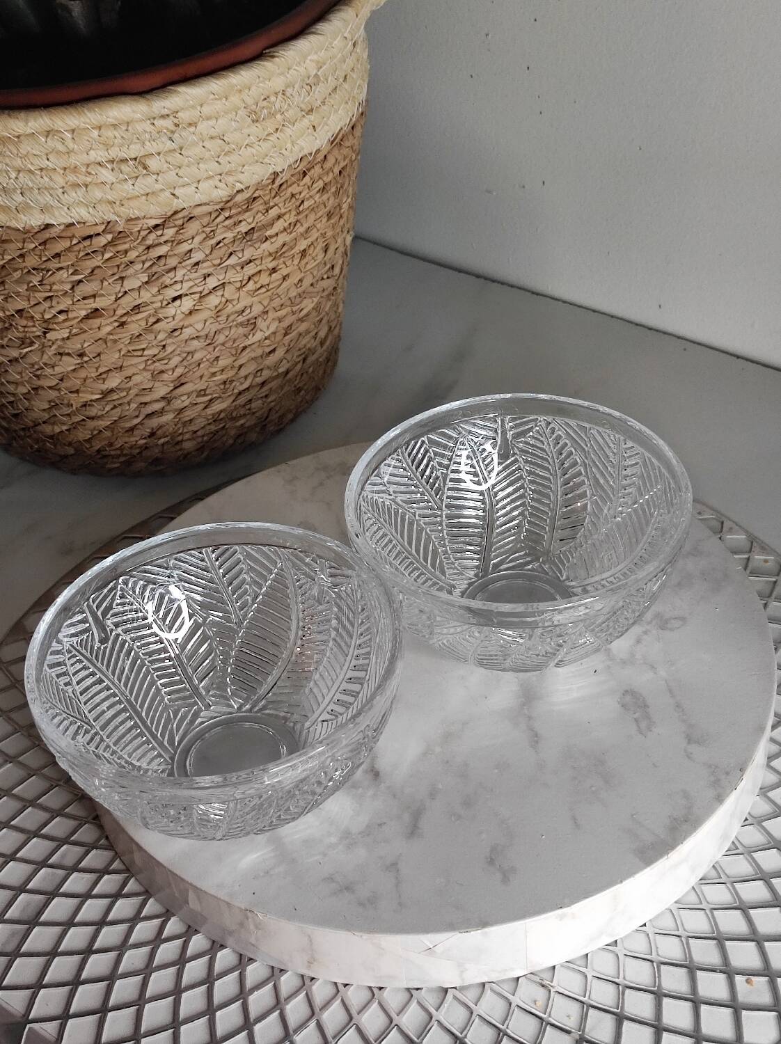 Cut glass bowls with foliage patterns