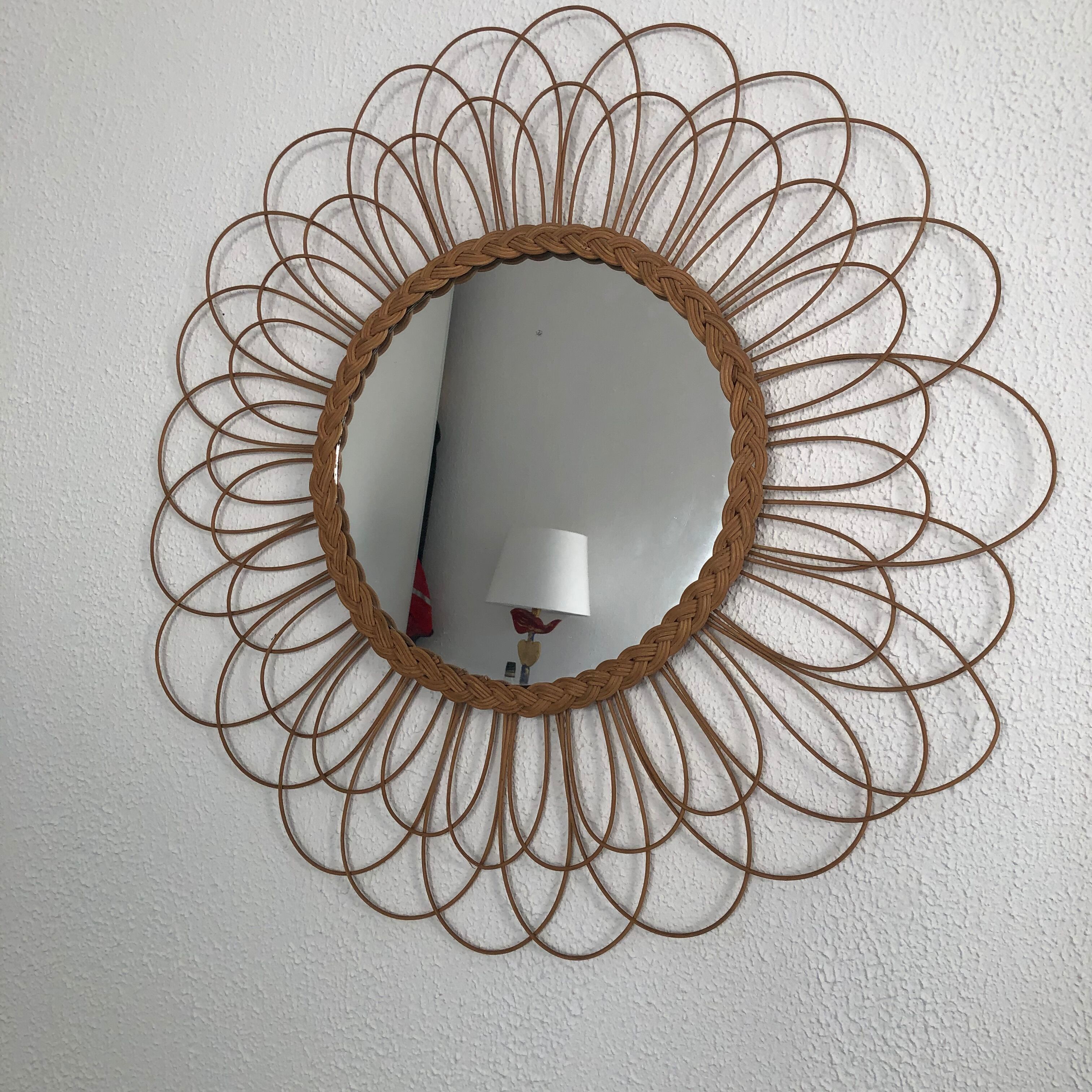 Large vintage 1960 mirror sun rattan flower - 67 cm
