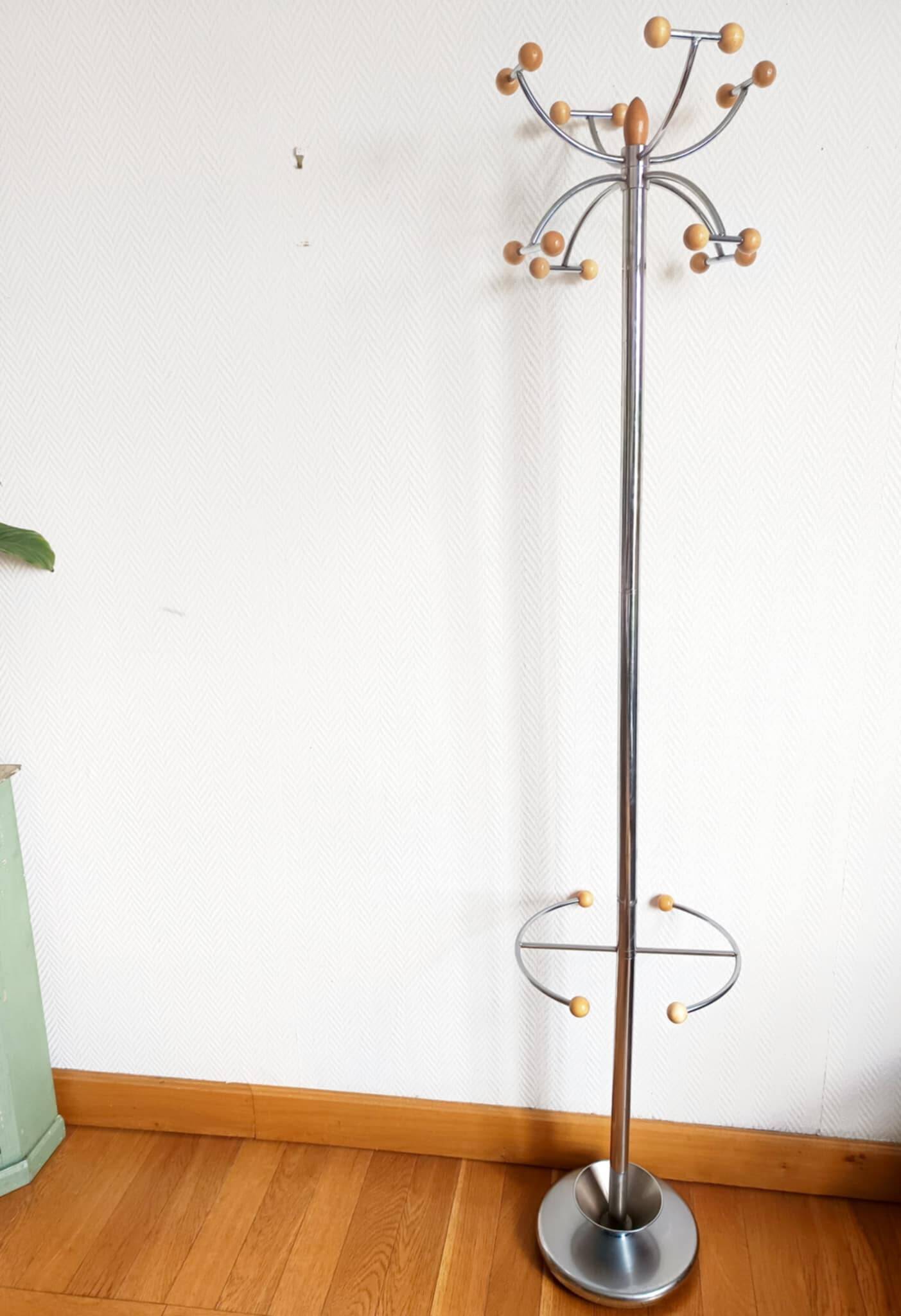 Space Age chrome and wood coat rack 1970