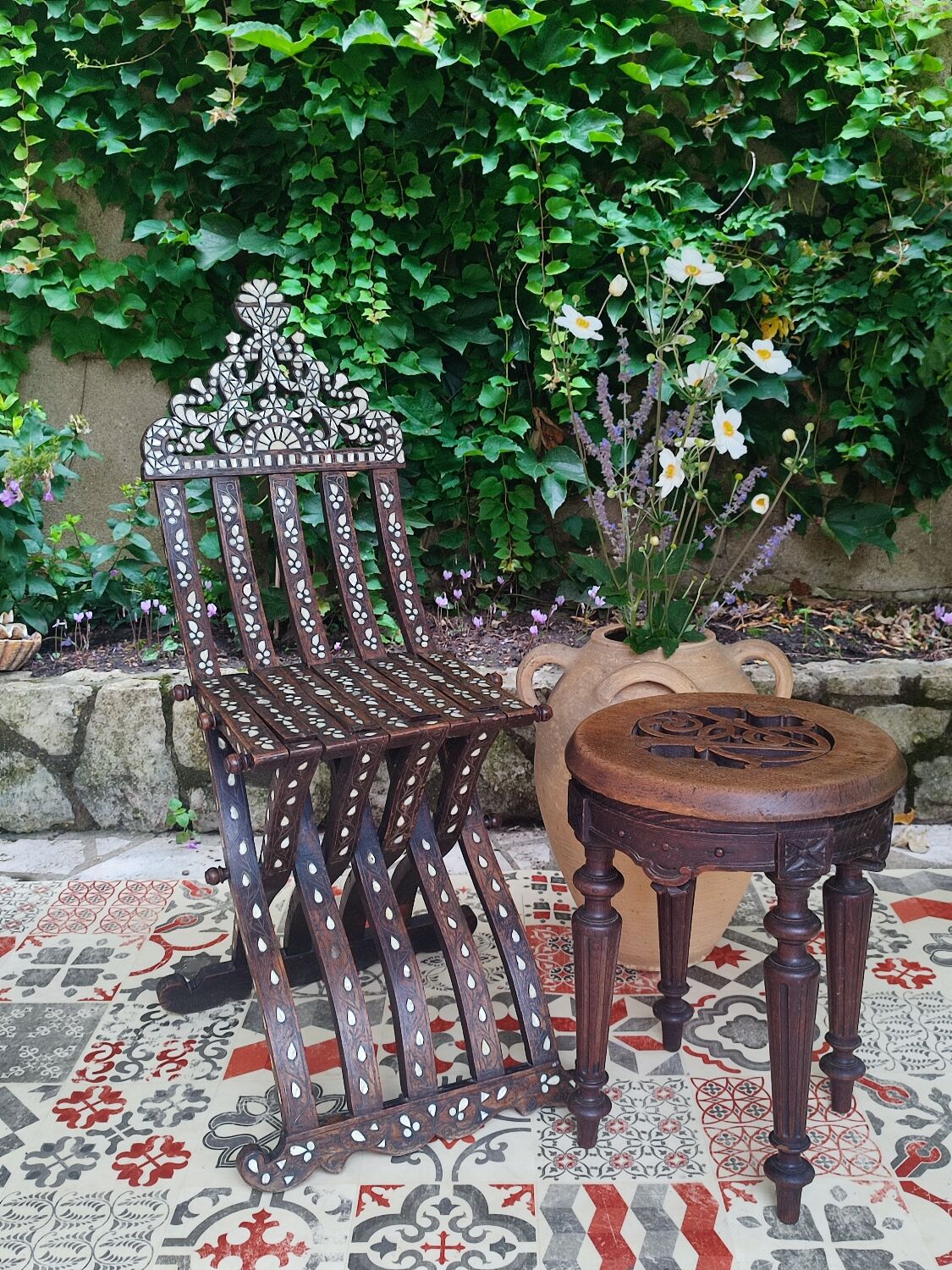 Antique folding oriental chair with mother-of-pearl inlays