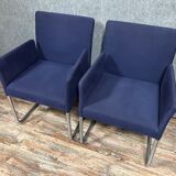 Pair of Walter Knoll armchairs in blue fabric and chromed metal