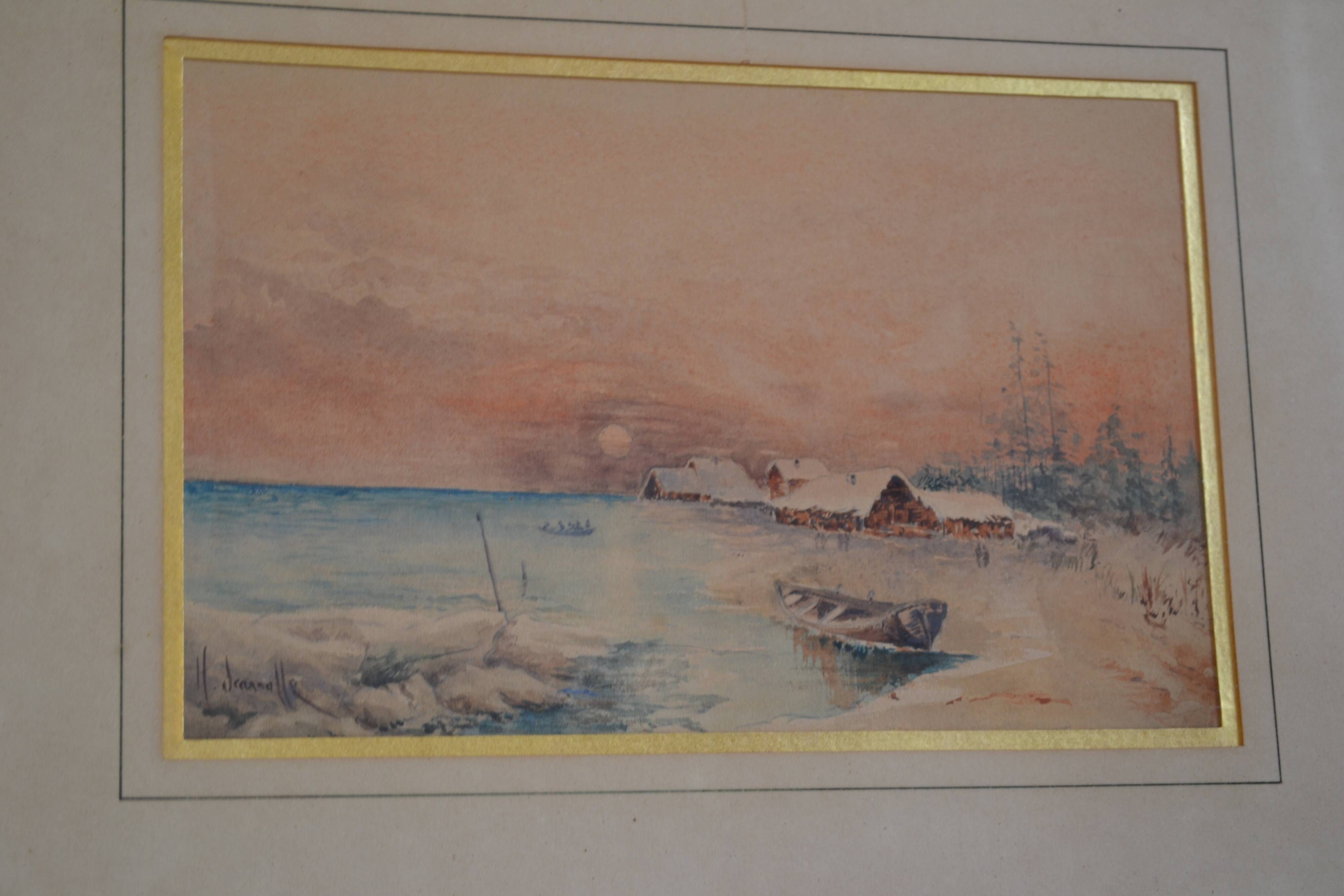 Old watercolor painting of seaside landscape signed H. Jeannolle 19th century
