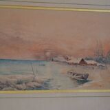 Peinture à l'aquarelle ancienne paysage de bord de mer signé H. Jeannolle XIXe s