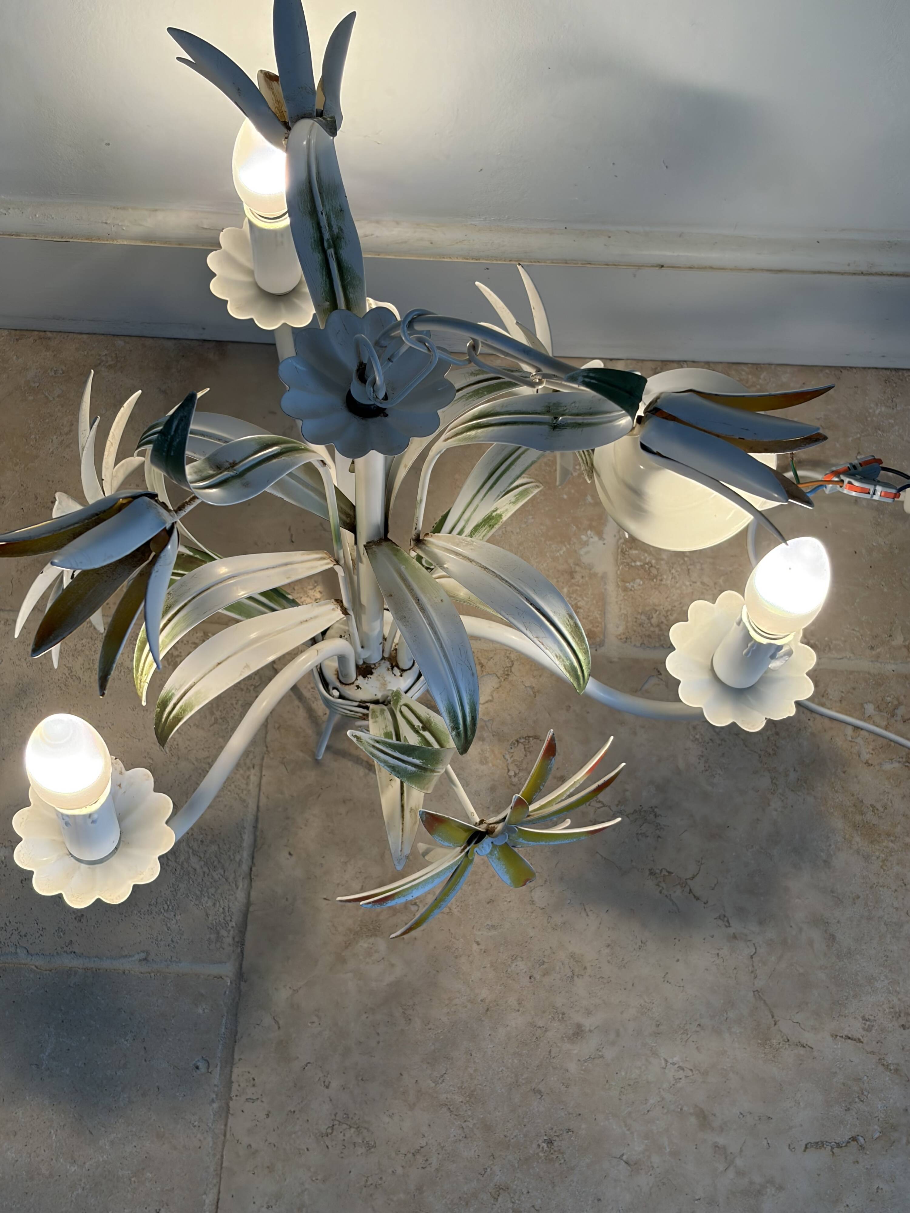 Vintage floral metal painted chandelier – 3 lights – 1970s