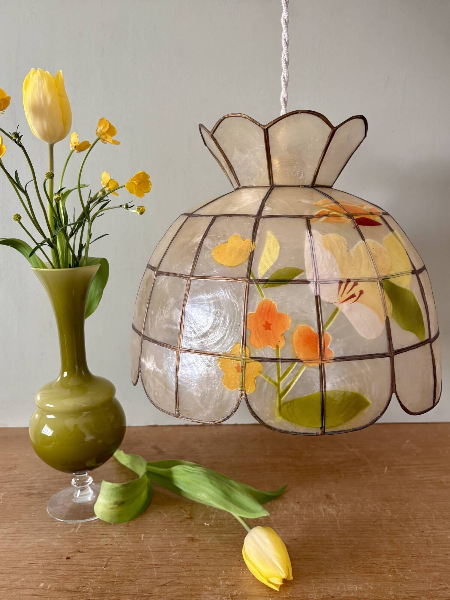Vintage mother-of-pearl and brass lampshade pendant light with flower decorations