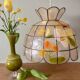 Vintage mother-of-pearl and brass lampshade pendant light with flower decorations