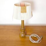 Wooden candle holder mounted as a lamp and its rope shade, 47.5cm.