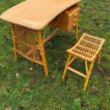 Vintage bamboo/rattan desk + stool