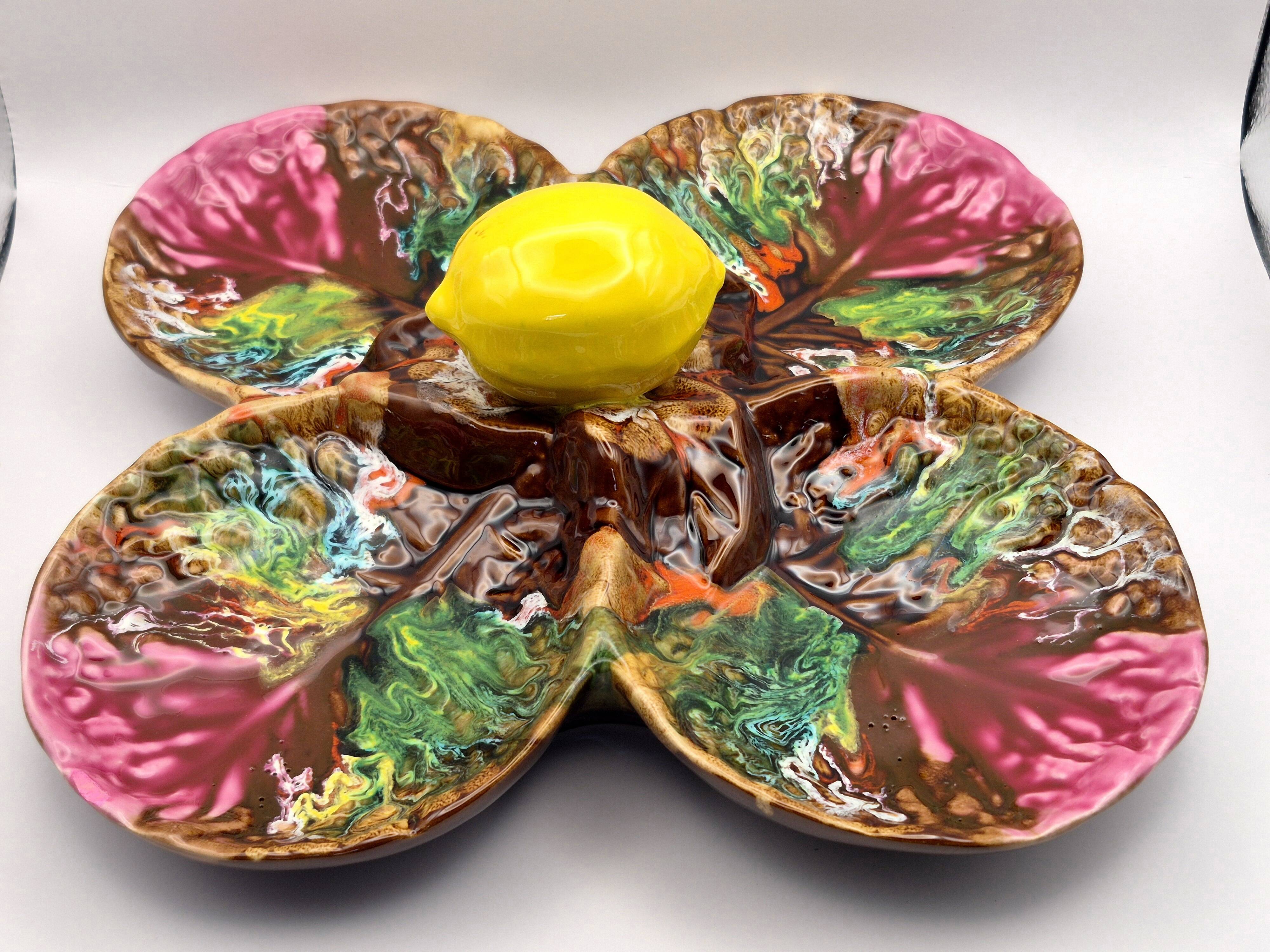 Vintage Vallauris A.M. plate – quadrilobed enamelled bowl with lemon – 50s