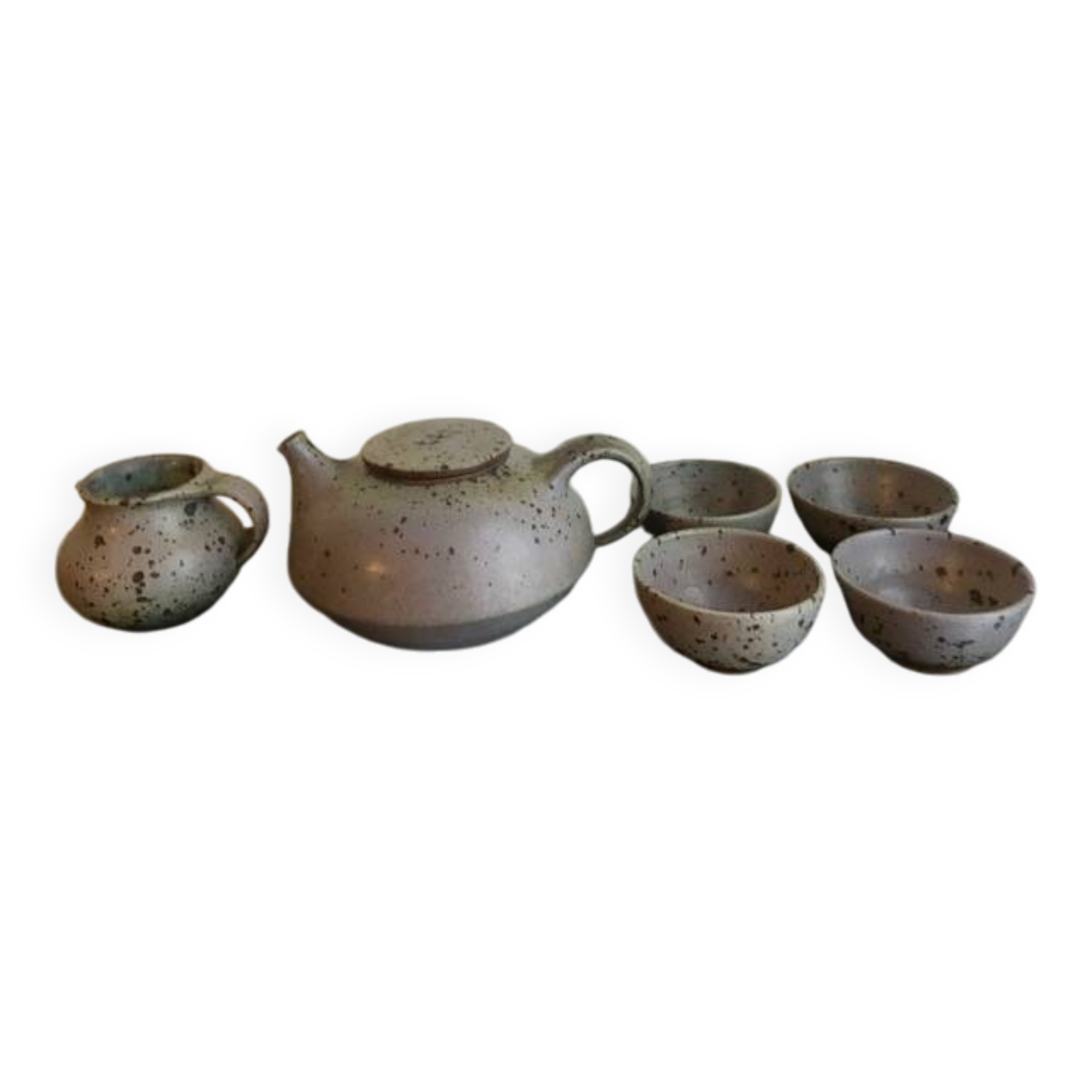 Teapot + 4 bowls in pyrite stoneware from Puisaye, Mr. Isambert Robert Deblander