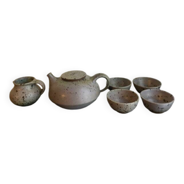 Teapot + 4 bowls in pyrite stoneware from Puisaye, Mr. Isambert Robert Deblander