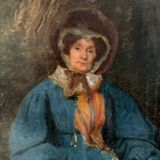 Huile sur toile femme à l'ombrelle dans un sous-bois XIXe