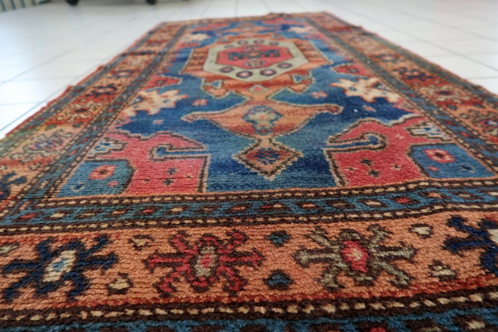 Vintage 1950s German tribal style wool rug, geometric medallion, 84cm x 180cm