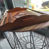 Antique carved wooden tray with openwork handles and edges
