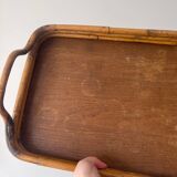 Vintage wooden and rattan tray with bamboo handle, bohemian style, wabi sabi, year