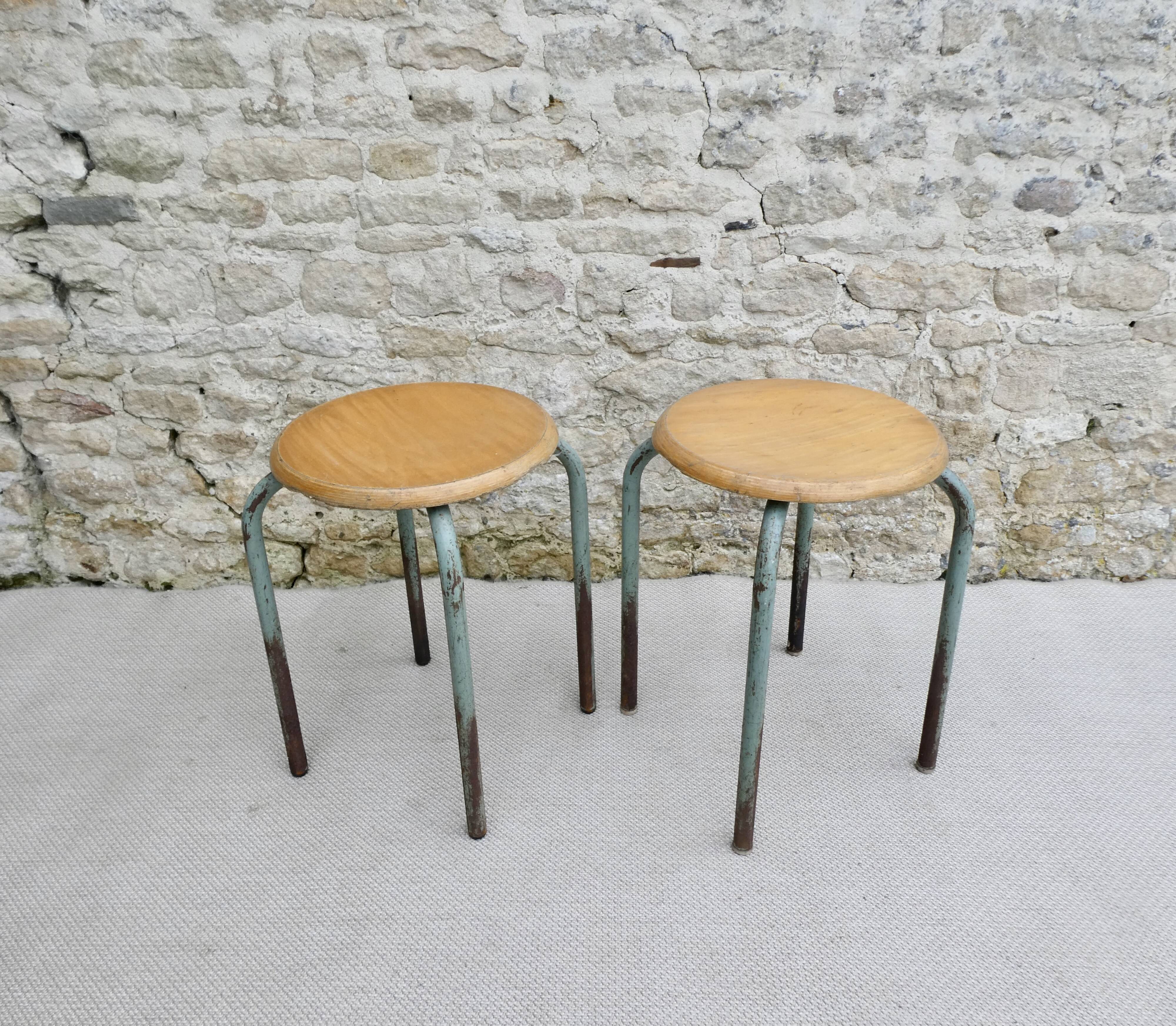 Pair of school stools in wood and metal