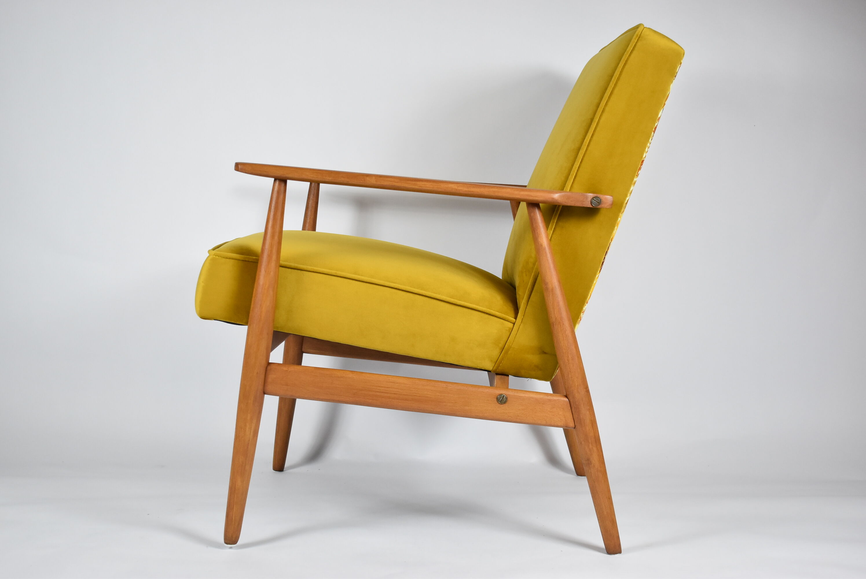 Polish vintage armchair "Fox" designed by H. Lis, fully renovated, 60s, yellow velvet-golden autumn