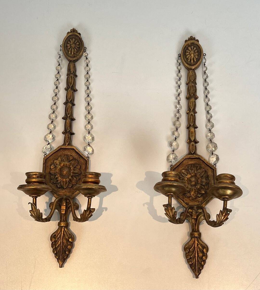 Important Pair of Gilded Carved Wood Wall Lights with Crystal Garlands